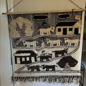 1970’s Indonesian Handcrafted Black and Cream Wall Hanging farmhouse